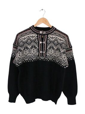Vintage Meister 100% Wool Nordic Ski Sweater Black Fair Isle Clasp Front Medium